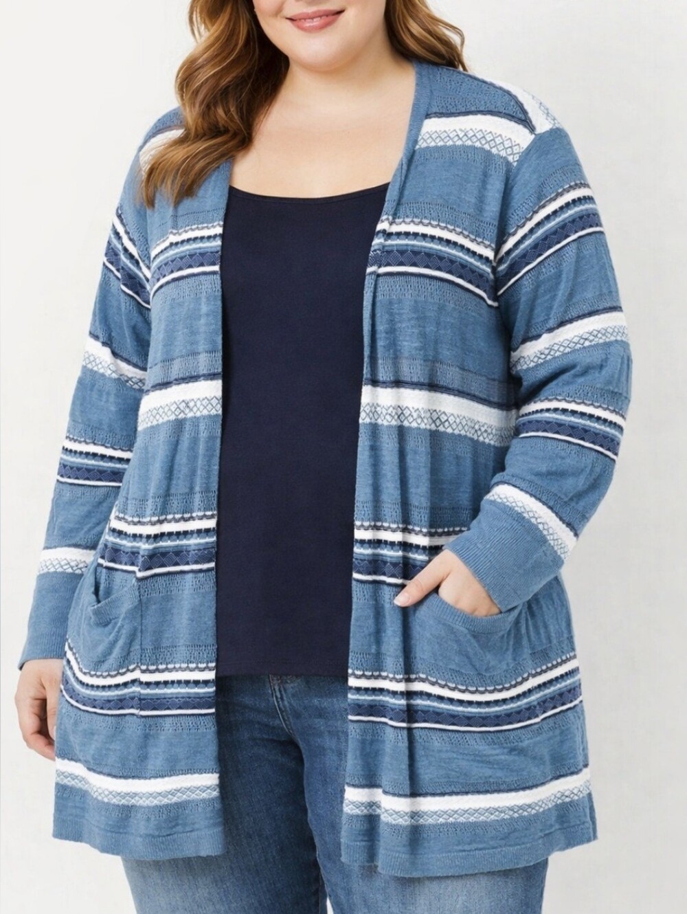 Eddie Bauer 100% Cotton Striped Blue Open-Front Women’s Sweater Cardigan XL